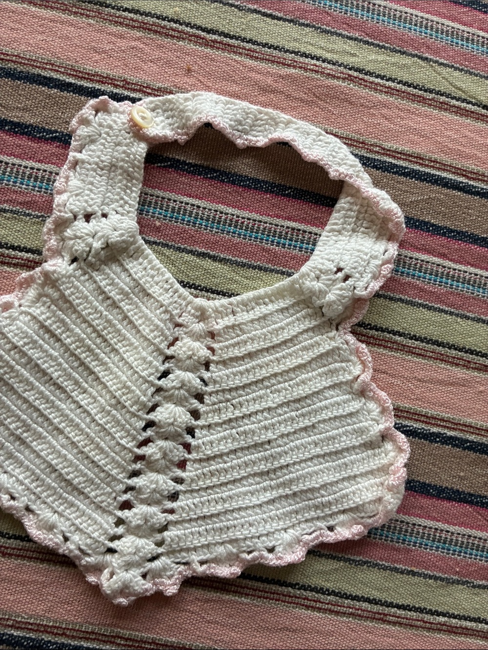 Antique Vintage Handmade White Crochet Baby bib with Pink Trim - Picture 5 of 5